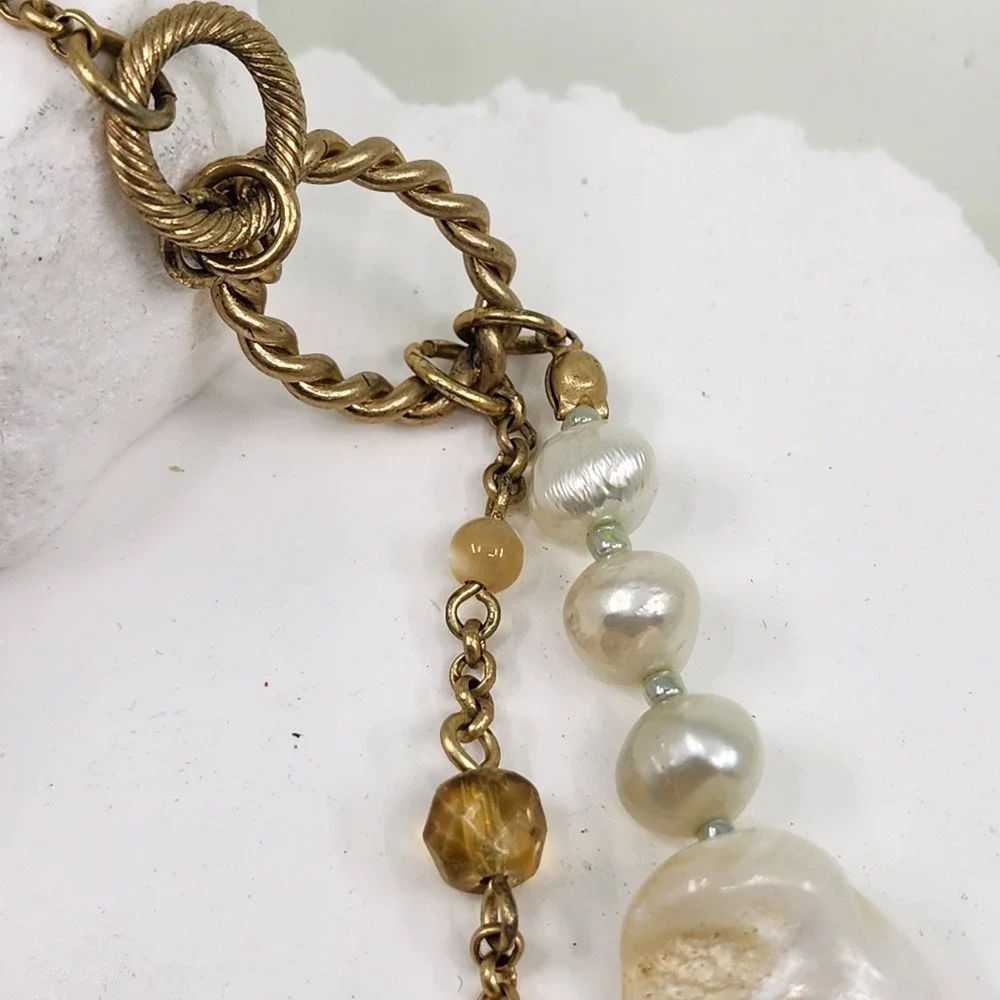 Lia Sophia Cream Beads Faux Pearl Amber & Gold Tone Multi Strand Boho Necklace